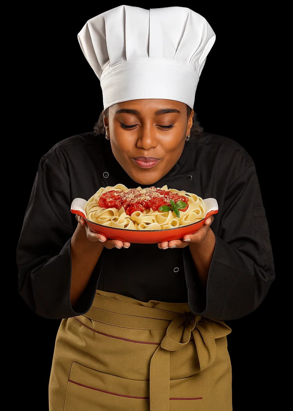 A chef smelling a plate of pasta